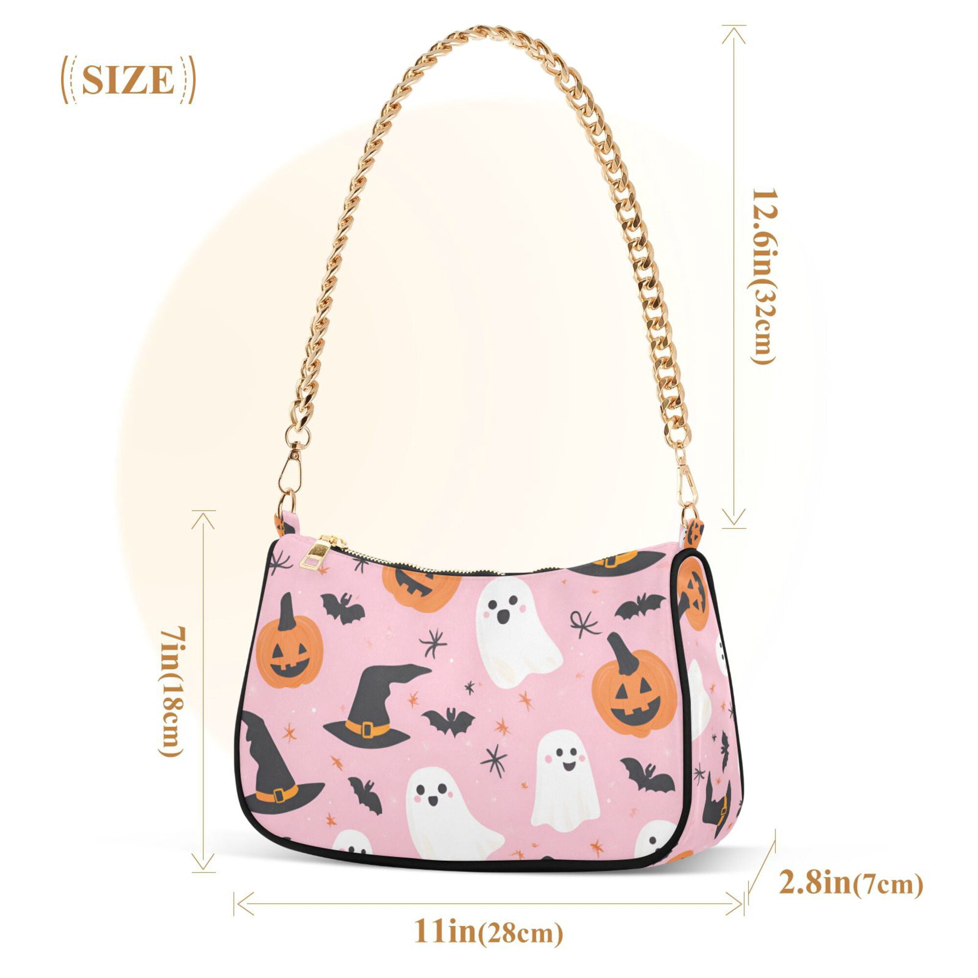 FORMRS Womens Shoulder Bag with Chain Strap Clutch Purse Cute Tote Handbag, Pink Halloween Ghosts