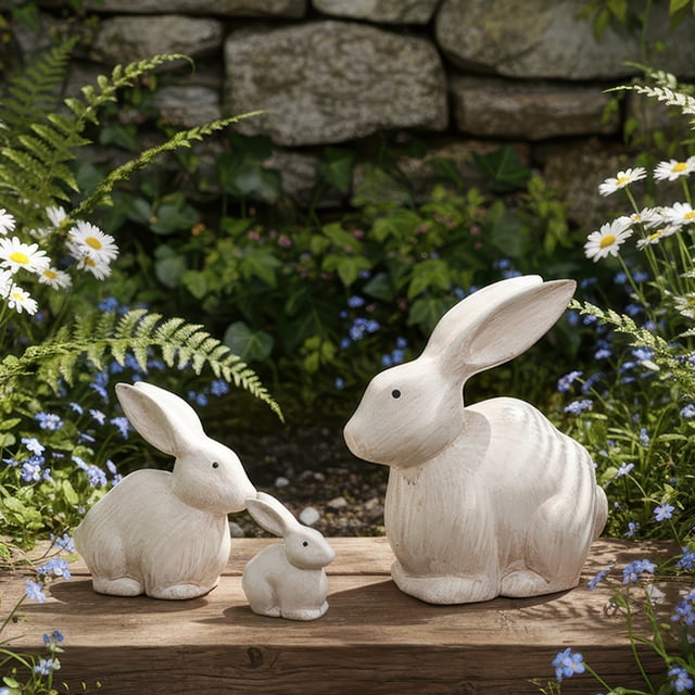 3 Pcs Wooden Easter Rabbit Sculpture with Lifelike Detailing for Vintage Home Decor, Garden Accents, Rustic Gift Giving and Spring Tabletop Display A(White)