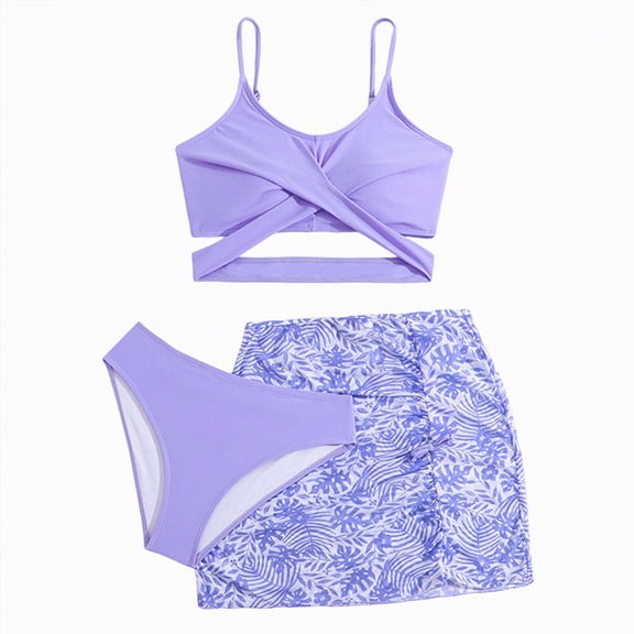 kpoplk Girls Swimsuit 3 Piece Teens Bathing Suit Tropical Print Bikini Sets Twist Cross Girls' Swimwear with Shorts(Purple,13-14 Y)