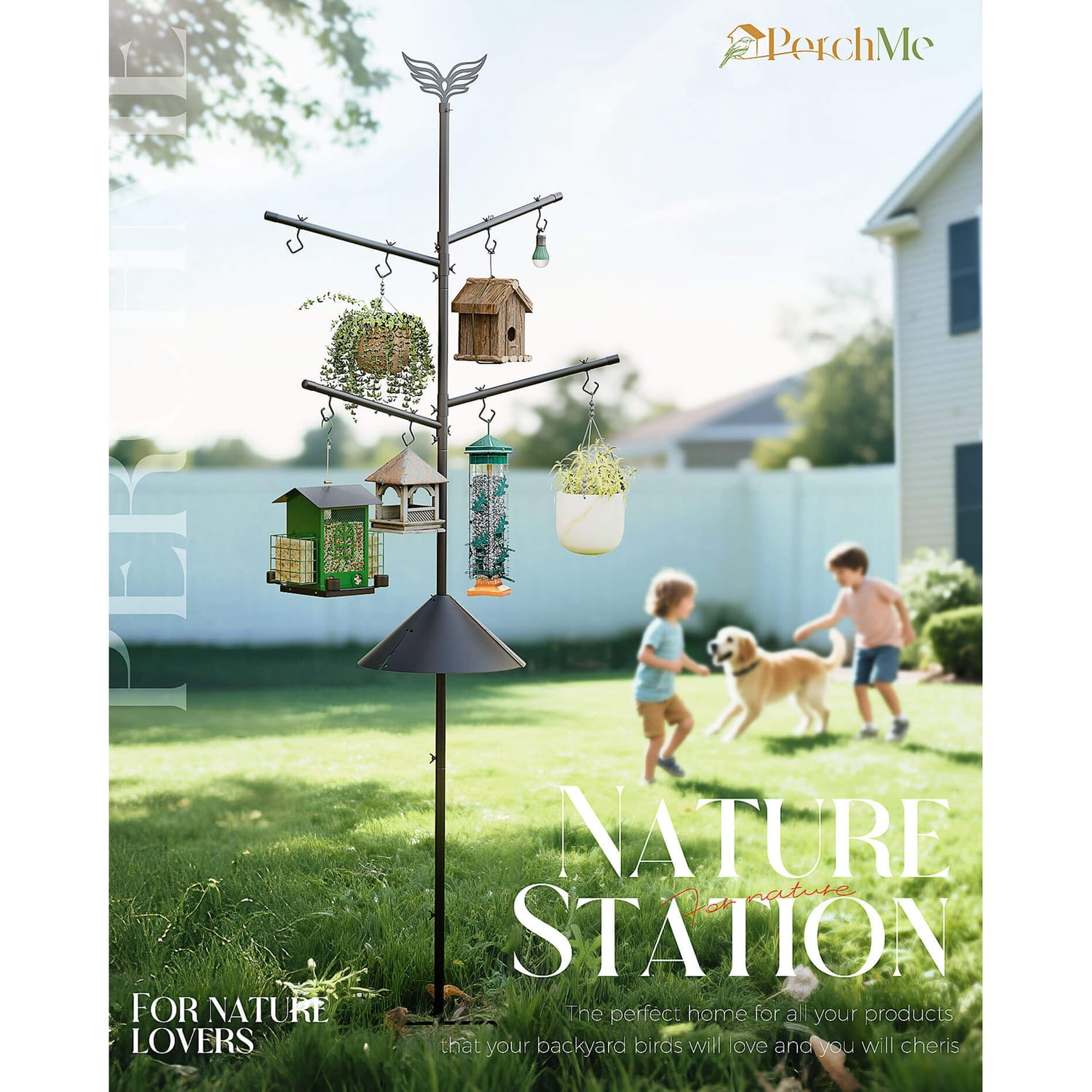 PerchMe Heavy-Duty Deluxe Bird Feeder Pole Station with Squirrel Baffle, Rotating Crossbars, and Hooks, 92-In. Max Height SF-BF-PS