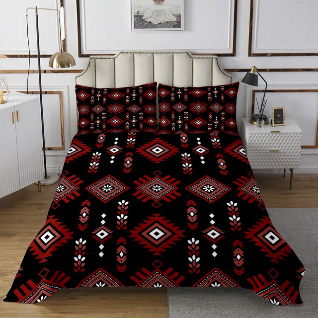 Aztec Quilt Set King Geometric Bedspread Set For Teens Young Southwest Coverlet Set American Tribal Bed Set Ancient Boho Black Red Room Decor