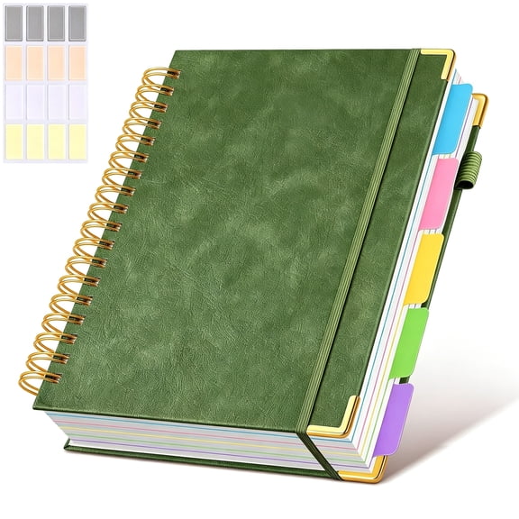 CCOCC Hardcover Spiral Notebook Journal with Removable Dividers Tabs,300 Pages Leather 5 Subject Notebook College Ruled,8"X10"Large B5 Notebooks for Work School Note Taking,Lined Journal,Green