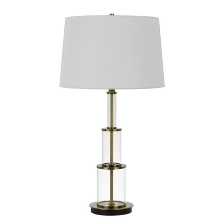 UPC: 0192551530812 | 3 Way Table Tamp with Stacked Pyramid Glass Body and Fabric Shade White