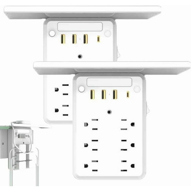 Preliminark Rallonge de Prise Murale avec Tablette de Nuit, Rallonge de Prise 9 en 1 avec Tablette, Nouvelles Rallonges Multiprises 2025, Rallonges de Prises Électriques Murales, Rallonge de Prise pour Maison Dortoir (2 Pcs)