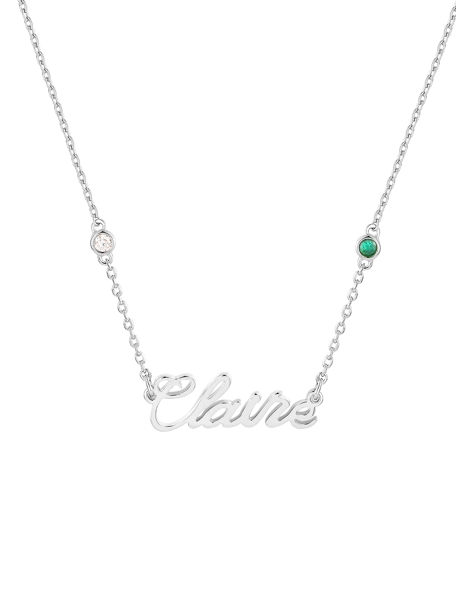 Personalized Planet Sterling Silver Petite Script Name and Birthstone Necklace ,Women's