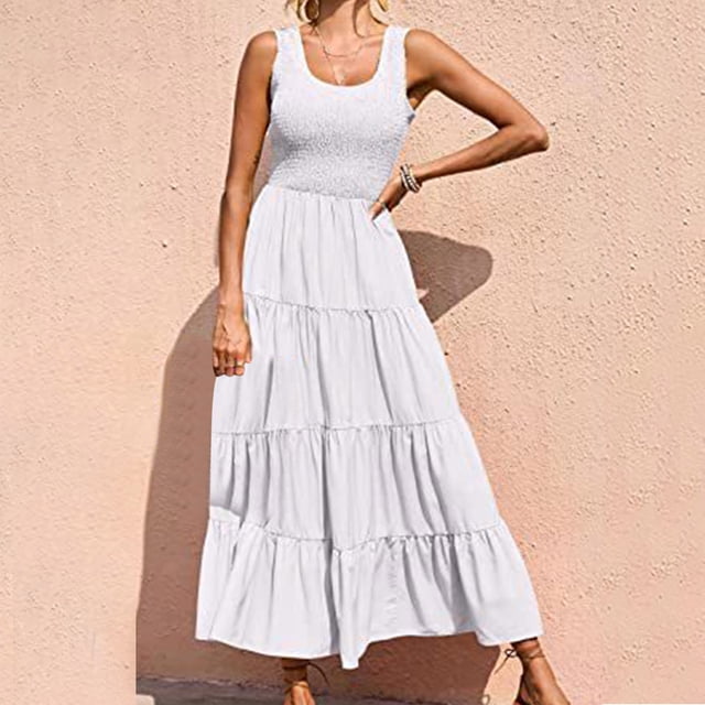 pstuiky Robe d'Été, Robe Longue Bohème Sans Manches pour Femme Robe de Couleur Unie Robes de Soirée Liquidation
