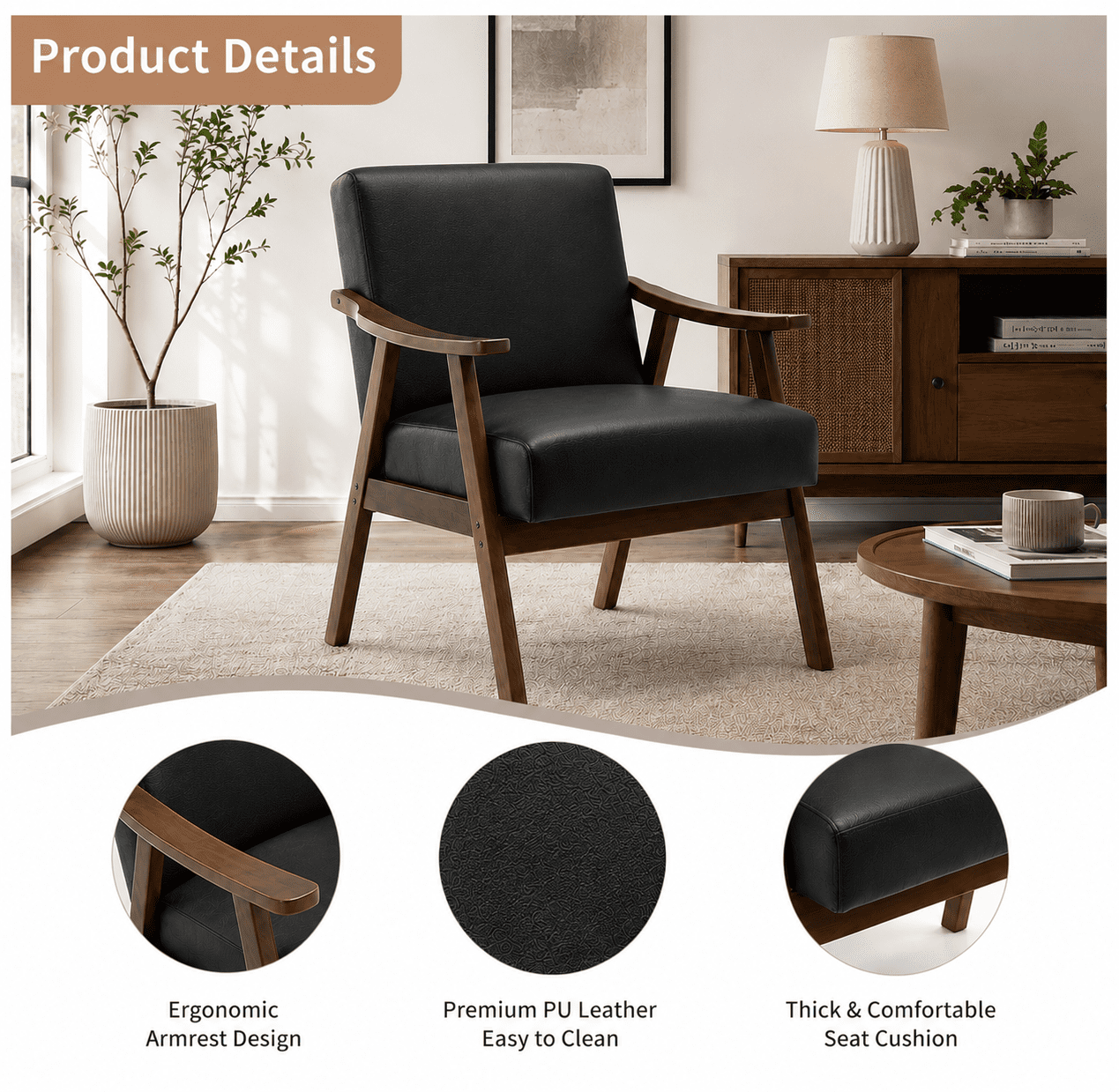 MOONMISS Mid Century Modern Accent Chair Solid Wood Frame Microfiber Living Room,Black PU