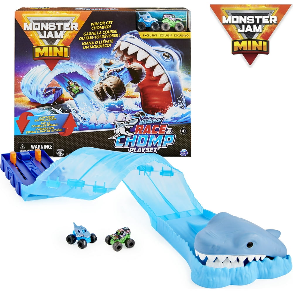Monster Jam Mini Megalodon Race and Chomp Playset w/ 2 Mini Trucks