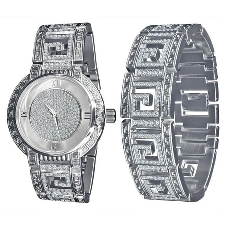 Diamond Watch Band Men's Iced Out Greek Style Watch Bracelet Set 14k White Gold Tone Analog Custom Joe Rodeo Lab Diamonds ()