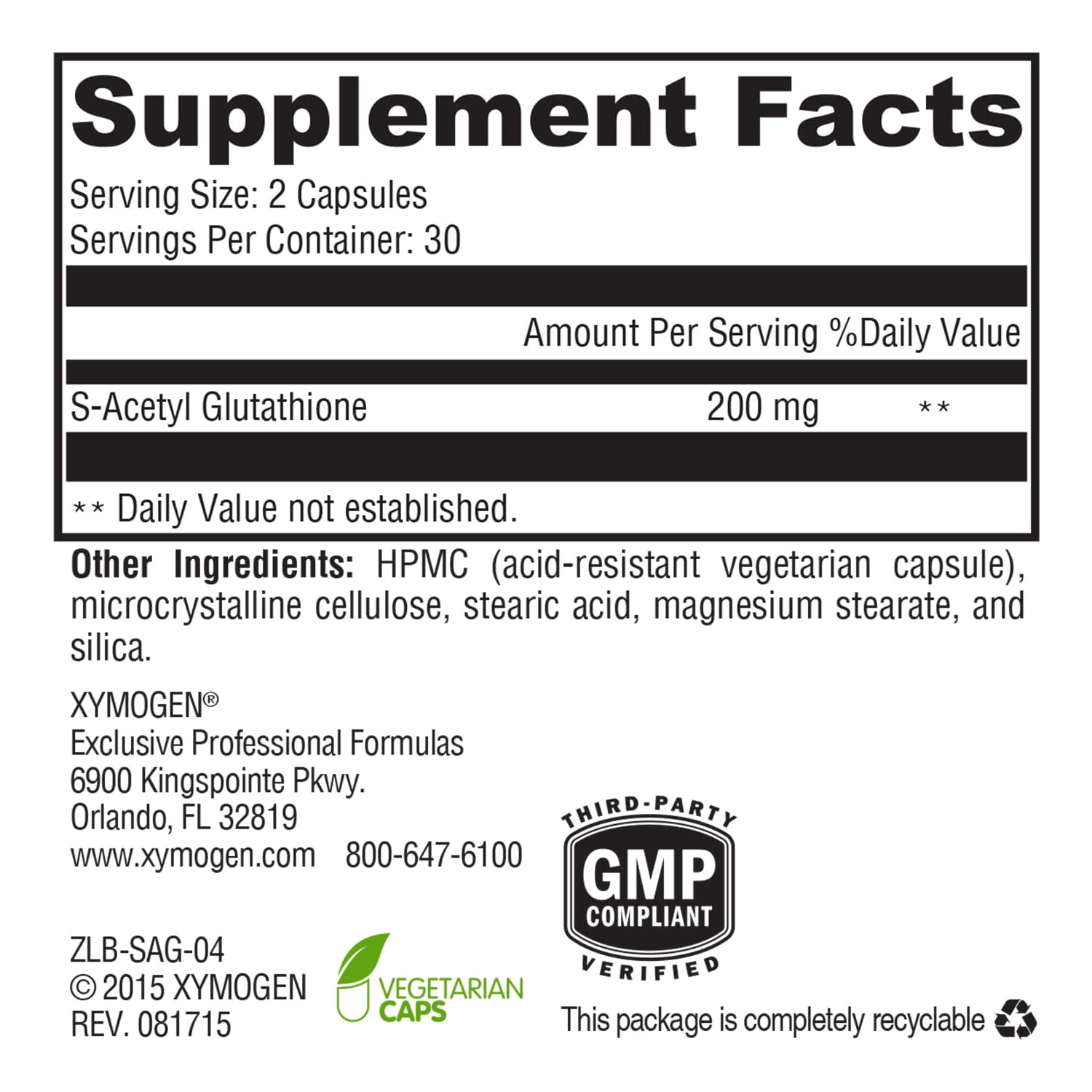 XYMOGEN S-Acetyl Glutathione - Acetylated Glutathione Supplement - Antioxidant & Cellular Support - Stomach Acid-Resistant Capsules - Non-GMO & gluten-free - 60 Capsules