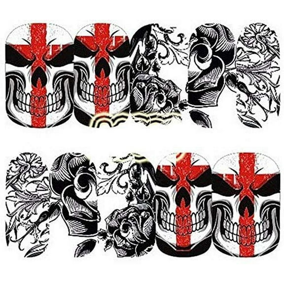 Full Sheet of Black Red White Skull with roses Nail Decal Punk Gothic Rockabilly SKULL Nail Wrap Decals Sticker Salon Quality Nail Art - Great for Halloween!