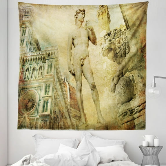 Italy Tapestry, Florence Art Collage Michelangelo David Renaissance, Fabric Wall Hanging Decor for Bedroom Living Room Dorm, 5 Sizes, Pale Orange Mint Green, by Ambesonne