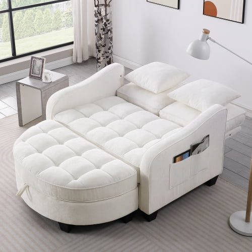 Loveseat Recliner, Double Sofa Bed with Storage Footstool and Irregular Armrests, Corduroy Convertible Bed, Perfect for Living Rooms, Beige