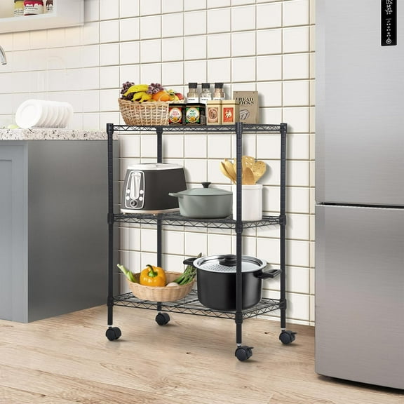 XF XINFENG 3-Tier Metal Shelf Rack Adjustable Storage Shelves Wire Shelf 450 lbs Capacity with Wheels & Leveling Feet for Kitchen Garage Bathroom, 23"L x 13"W x 32"H, Black