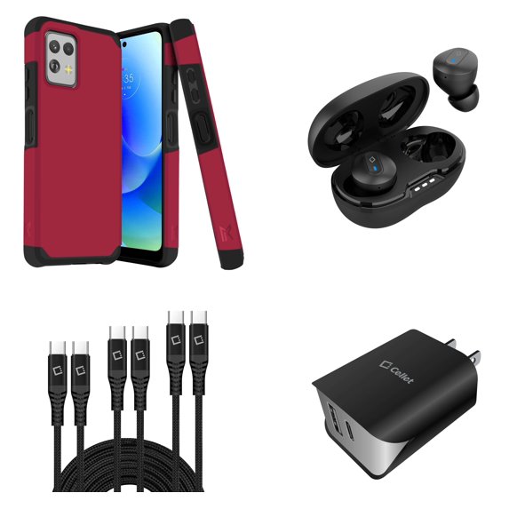 BD Combo Bundle Case for Moto G Power 5G 2023 Case - (Magenta Pink) Dual Shockproof Protector Armor Case with Wireless Earbuds, UL Certified Dual Wall Charger, 3-Pack of USB Cables (3ft, 6ft, 10ft)