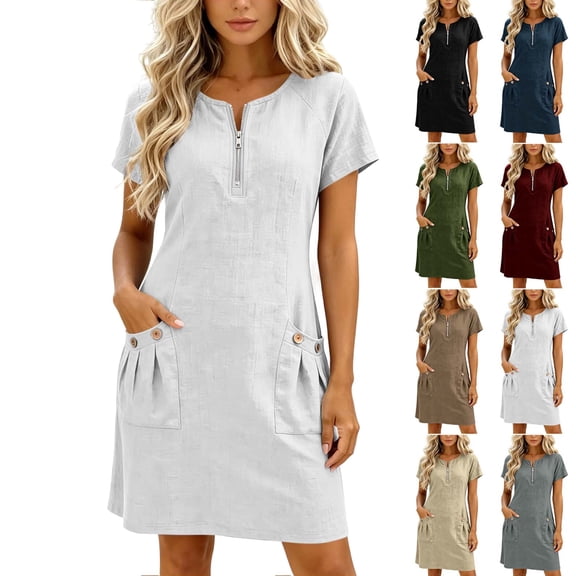 Summer Womens Dress 100% Cotton Round Neck Pocket Zipper Collar Short Sleeve Mini Dress