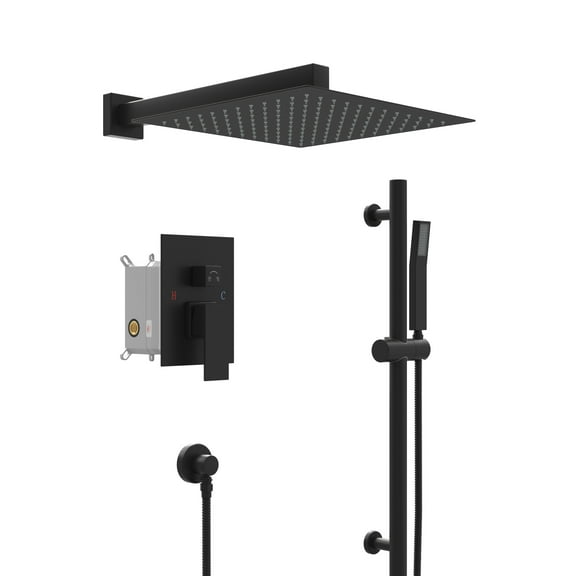 Logmey 10 inch Stainless Steel Wall Mount Rainfall Shower Head Matte Black Bathroom Shower System Set with Lifting Sliding Bar, Handheld Shower