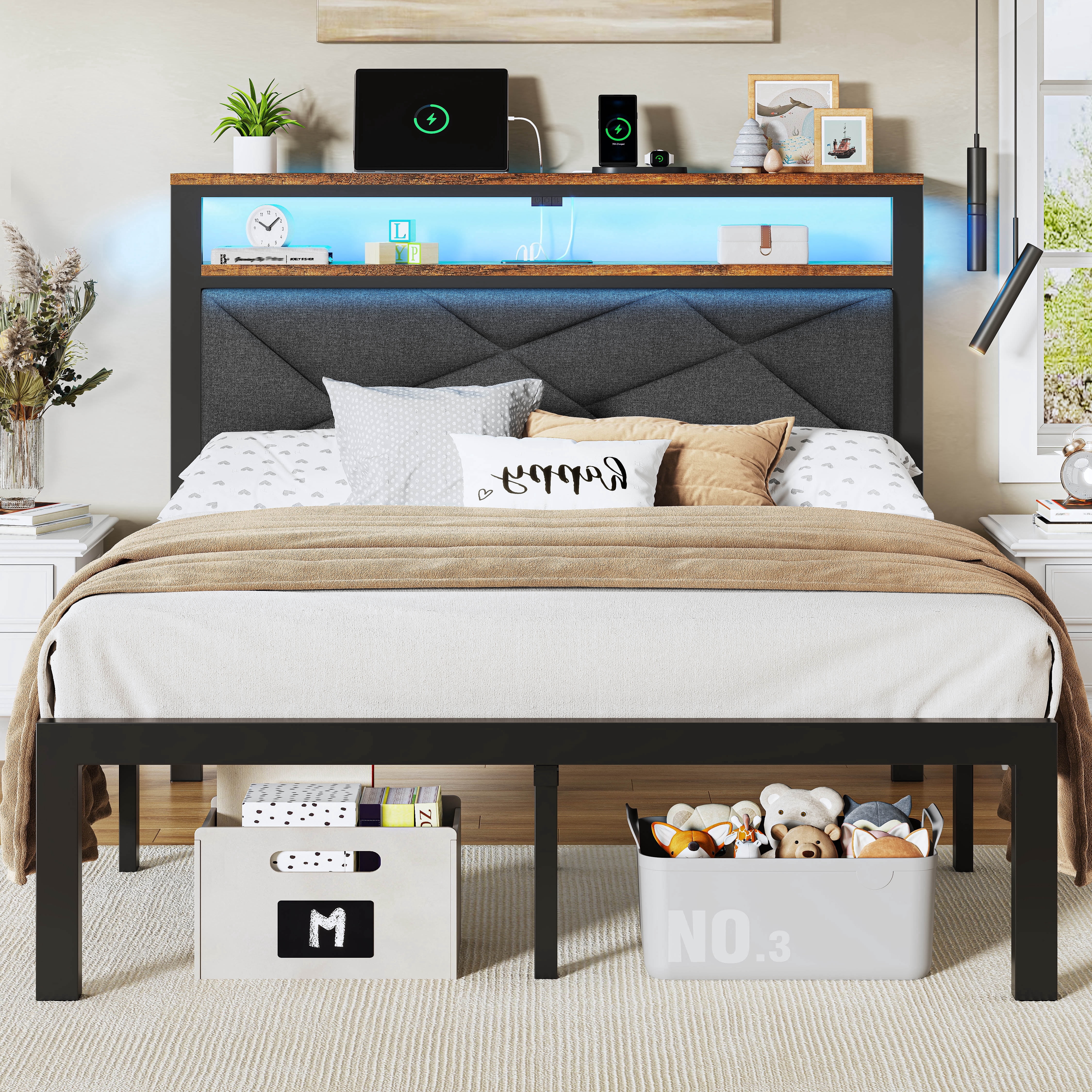 ChicZhiNest Queen Size Bed Frame with Storage Headboard and LED Light, Metal Platform Bed with Charging Station, Dark Gray