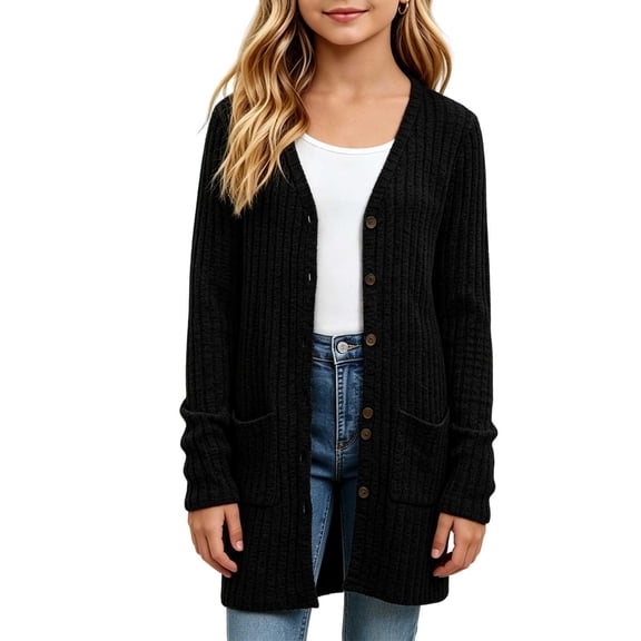 Girls Cardigan Sweaters with Pockets Casual Lightweight Warm Button Down Kids Fall Winter Long Jacket Black 5-14