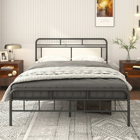 uhomepro Metal Bed Frame Vintage Sturdy Queen Size with Headboard and Footboard Mattress Foundation for Adults Teens Kids  No Box Spring Needed (Queen  Black)