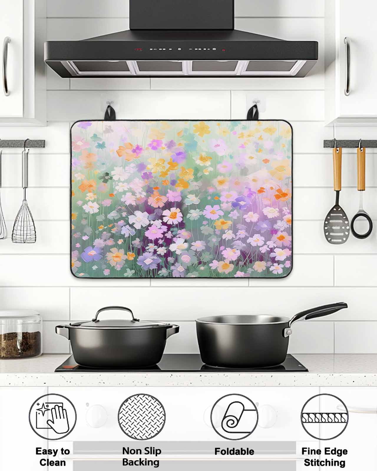 Stove Top Covers for Electric Stove, Teal Spring Floral Glass Stovetop Cover Protector, Modern Oil Painted Daisy Botanical Induction Cooktop Protector Oven Mat for Kitchen Countertop 24"x21"