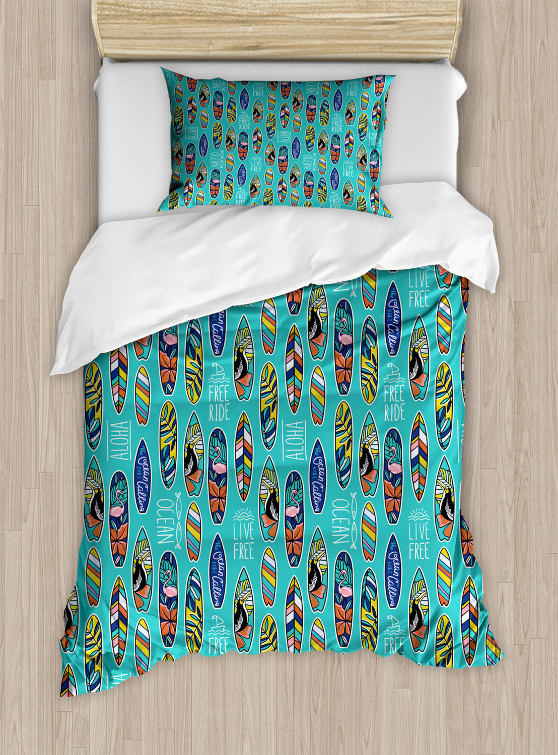 Surfboard Duvet Cover Set Twin Size, Aloha Hawaii Live Free Ocean Water