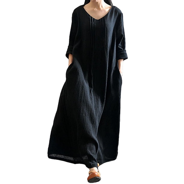 Vestido suelto ocasional de las mujeres del otoño Sólido cuello en V manga larga de algodón Retro Bo Meterk Negro XXXXL