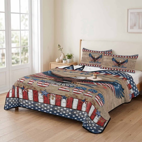 king Quilt Bedding Set, Patriotic Eagle Retro Wood Plank Lightweight Coverlet Summer Comforter Set Soft Microfiber Bedspread, American Flag Star Stripe 3 Piece Quilt Set with 2 Pillow Shams