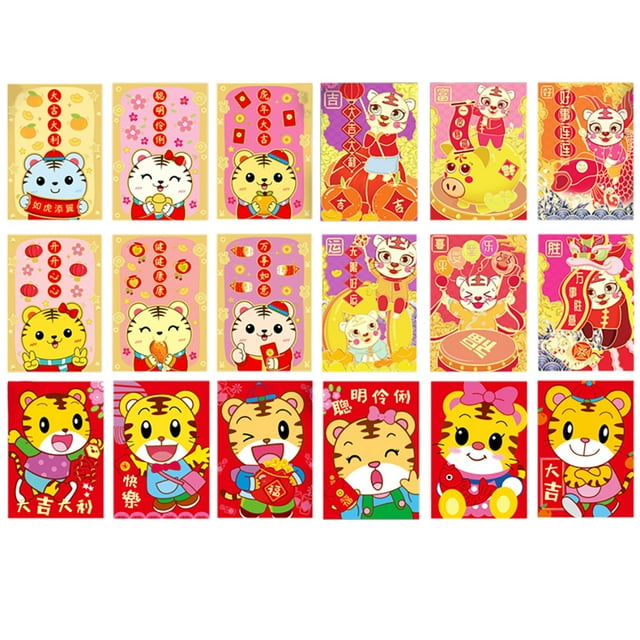 Coofit 2022 Enveloppe Rouge Chinoise de Poche Dessin Animé 18 Pcs Tigre Rouge Enveloppe Argent Porte-Bonheur