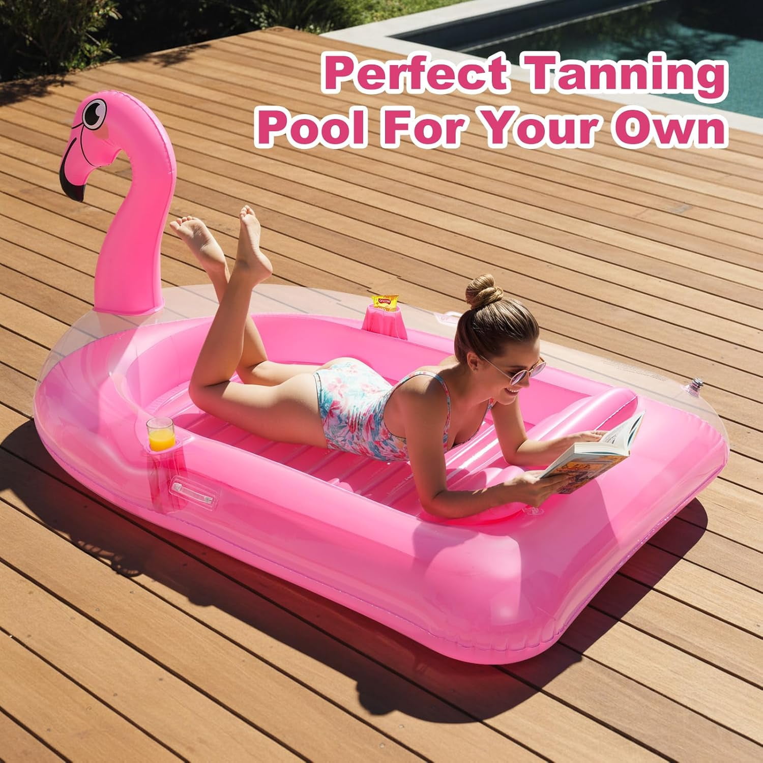 HeySplash Inflatable Tanning Pool, Flamingo Tanning Pool Lounger with Cup Holder, Floaties for Adults, Inflatable Pools Floats with Dual Handles Detachable Pillow for Beach Summer