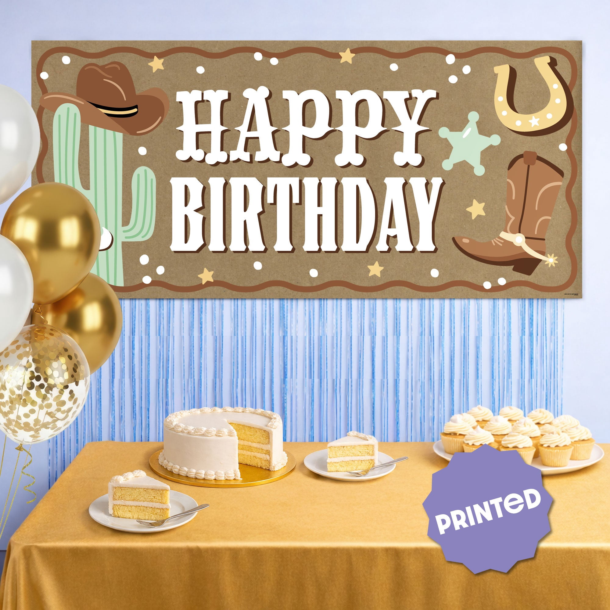 Big Dot of Happiness Western Hoedown Birthday Kraft Paper Banner, Wild West Cowboy Happy Birthday Party Banner, Printed Brown Paper Party Sign Decoration – 1 Count