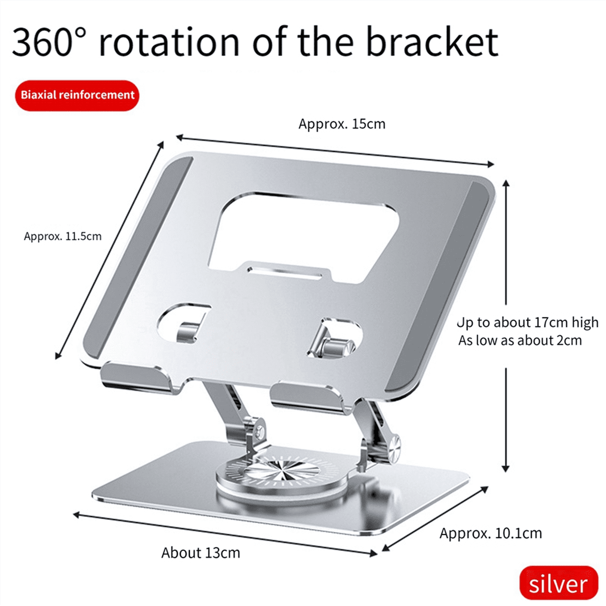Universal Laptop Stand with 360° Rotating Base, Adjustable Height Multi-Angle, Foldable Mounted Reading Bookshelf Silver
