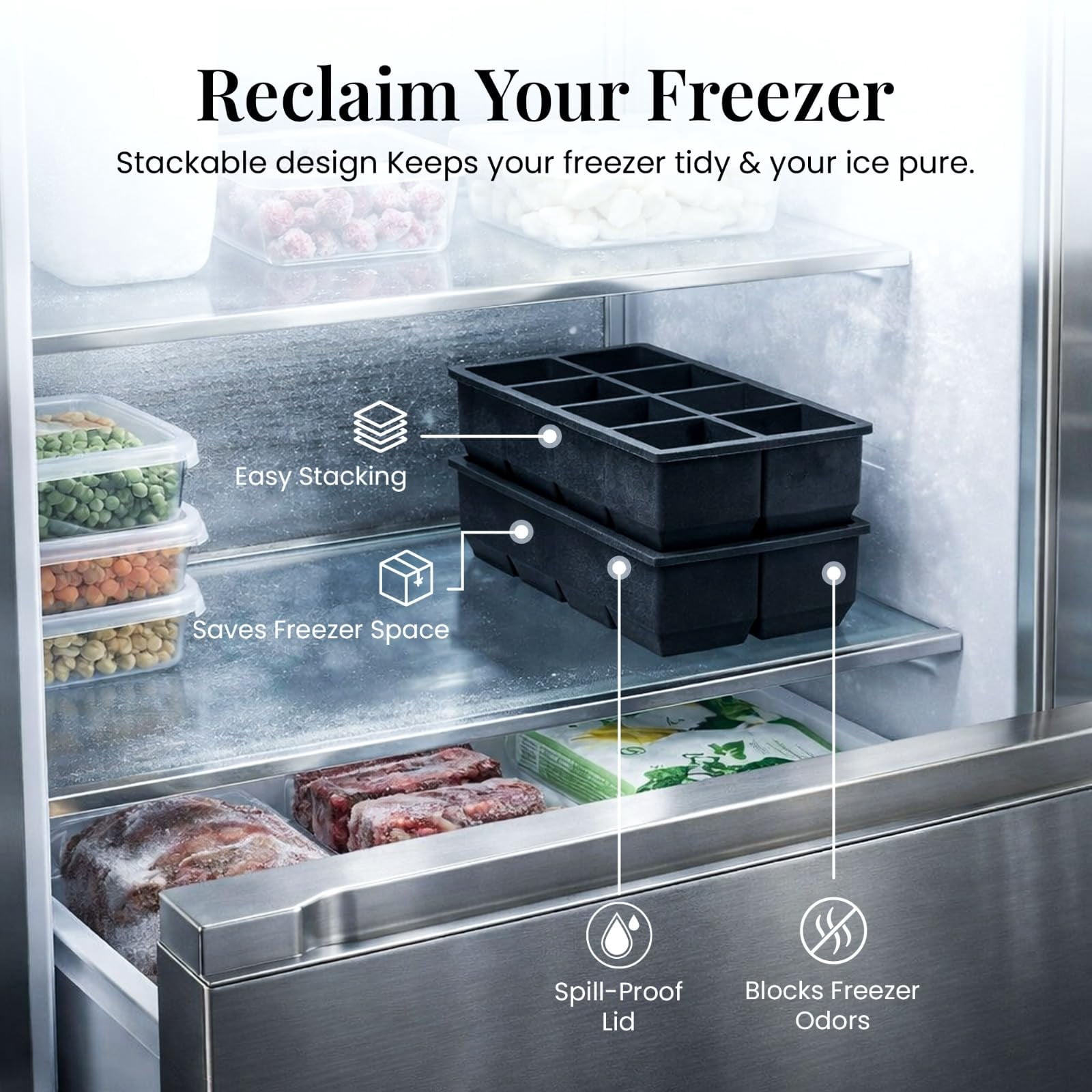 Large Silicone Ice Cube Tray - 3 Pack Trays For 8 Square Cubes With Bin  Scoop Tong & 2 Ss Straws Easy Release Mold Coffee (black)