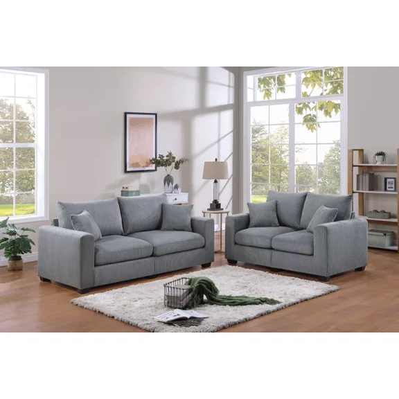 Glamorous Modern Fog Corduroy 2pc Sofa Set Plush Cushion Couch Sofa Loveseat Pillows Living Room