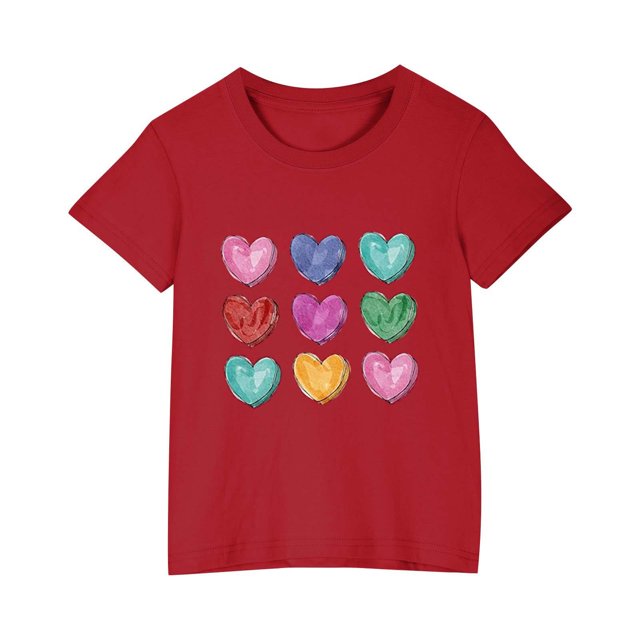 Posijego T-Shirt de la Saint-Valentin pour Garçons et Filles, T-Shirt Graphique avec Cœur, T-Shirts à Manches Courtes pour Enfants, Hauts en Coton, Vêtements