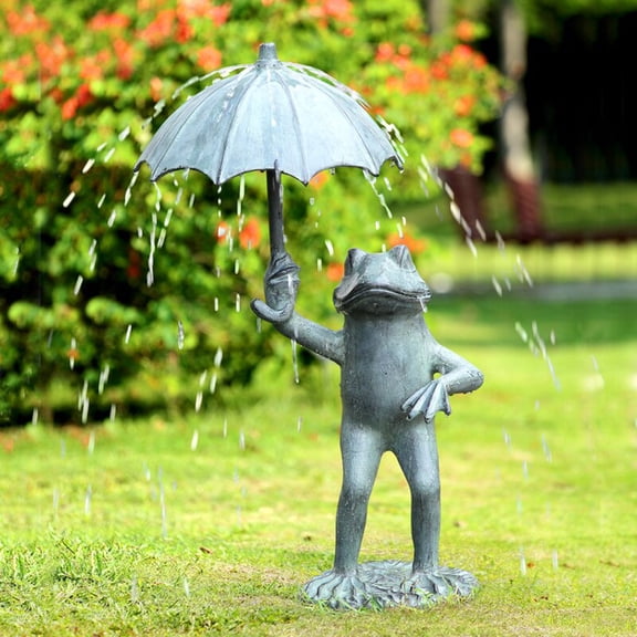 Frog with Umbrella Garden Statue, Whimsical Metal Frog Sculpture Decorative Figurine for Patio, Lawn, Yard & Outdoor Garden Decor
