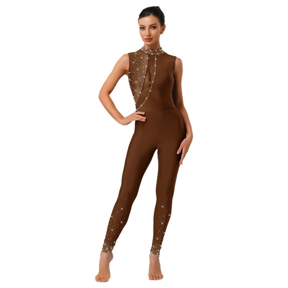SiiRoh Women's Glittery Gymnastics Leotards One Piece Full Body Dance Bodysuit Figure Skating Jumpsuit Umber XXL