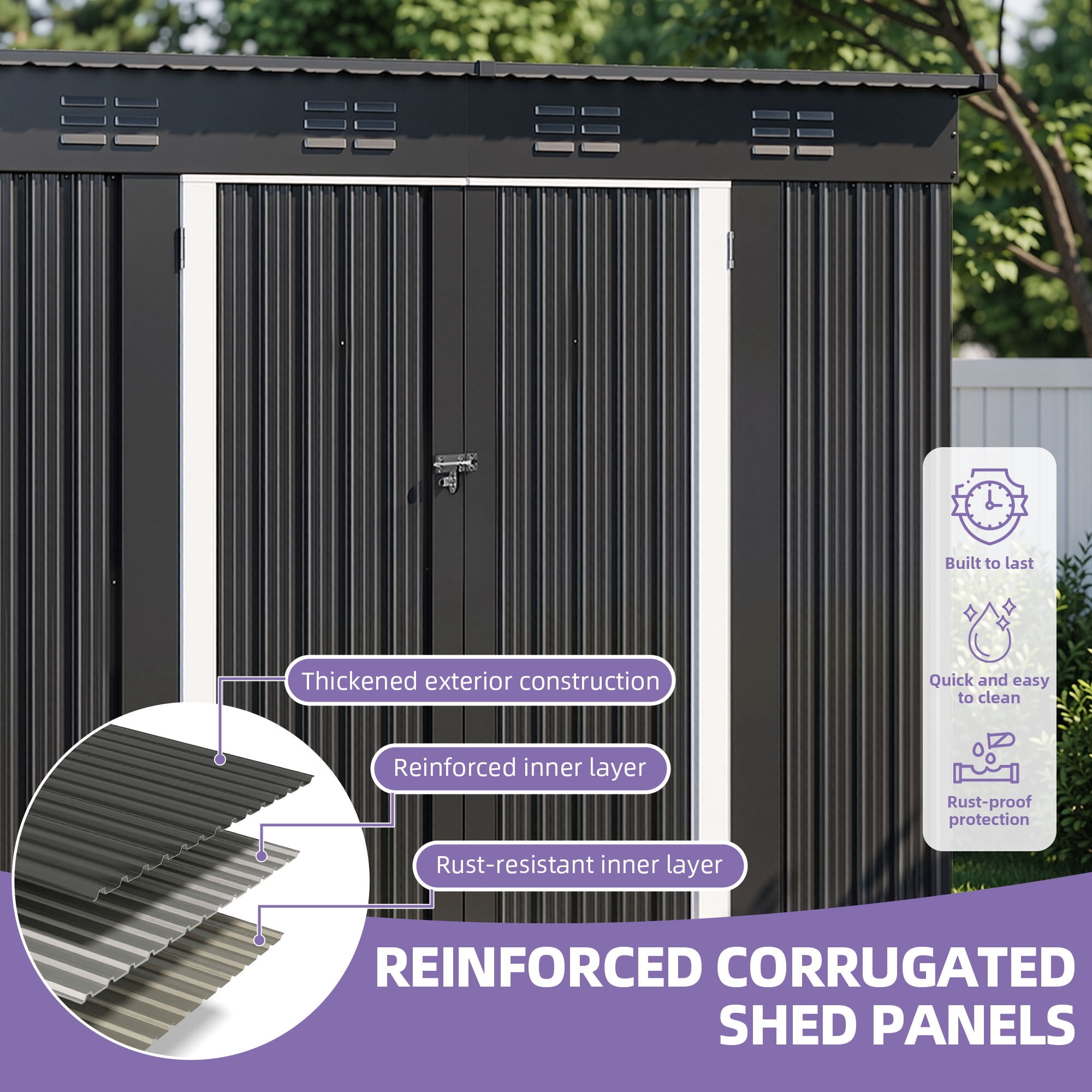 Uforic 9'x4' Steel Outdoor Storage Shed, Lockable Doors, Window & Sloped Roof, Heavy Duty Tool Shed for Garden Backyard Patio, Dark Gray