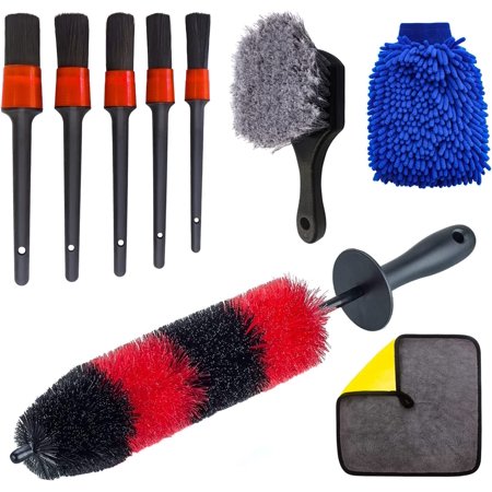 Wheel Tire Brush Set, Car Detailing Kit, 17inch Long Soft Bristle Wheel Brush, Short Handle Tire Brush, 5 Car Detail Brushes, Microfiber Cleaning Cloth, Wash Mitt for Interior, Exterior