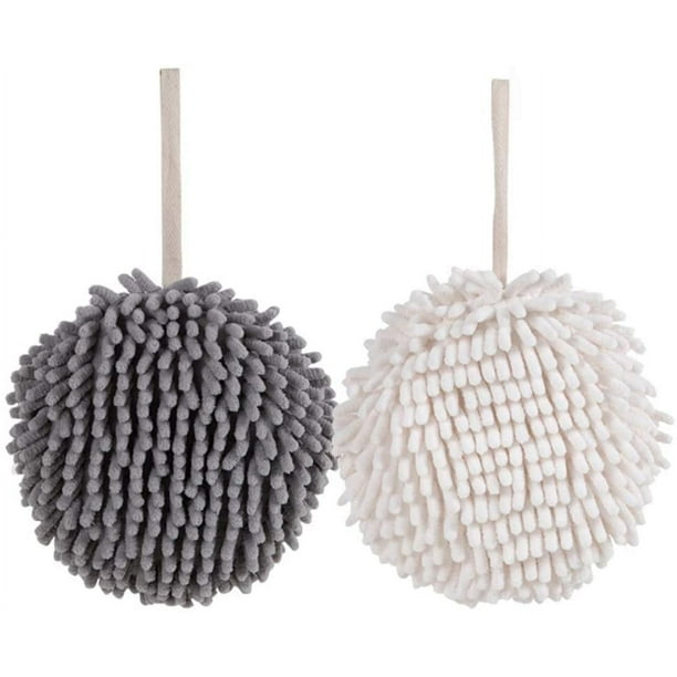 Xiao Hua 2 toallas de mano de chenilla suaves y absorbentes, con forma de bola decorativa para colgar, toalla de secado grueso para el hogar, la cocina y el baño (blanco y gris)