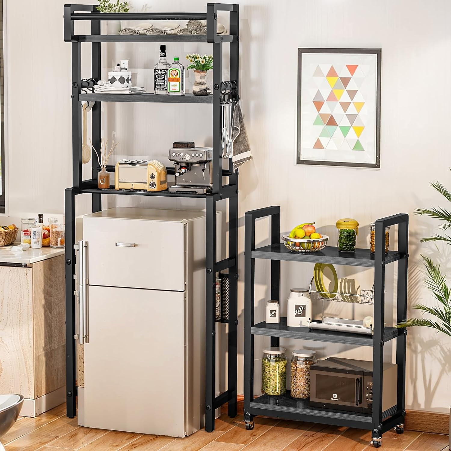 LinkRomat 6-Tier Farmhouse Bathroom Shelf, Over Toilet Organizer with Rolling Cart & 6 Hooks, Space Saving Storage Rack for Bathroom, Black