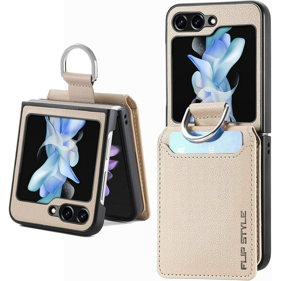 Wallet PU Leather for Samsung Galaxy Z Flip 5 5G Case with Credit Card Holder Ring Hook Kickstand Flip5 Phone Protective Case Cover 2023 6.7'' (Khaki,Z Flip 5)
