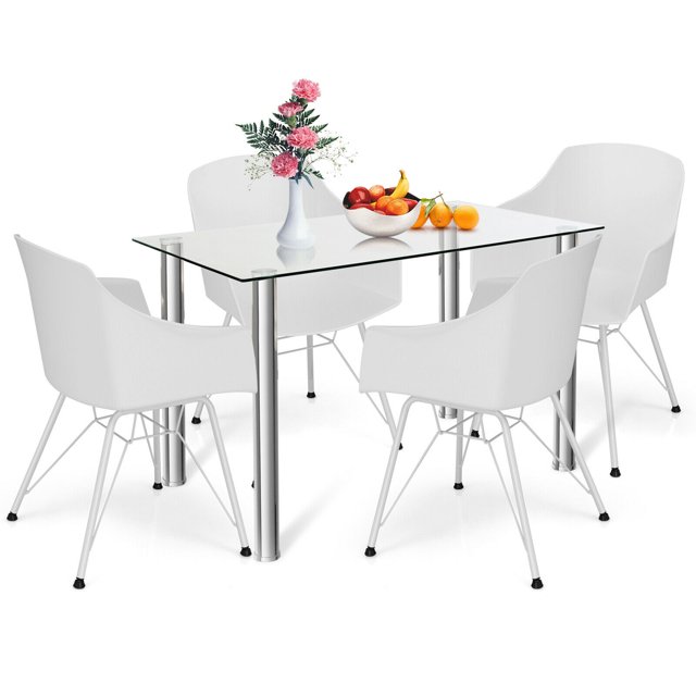 Gymax Ensemble de Table à Manger Table en Verre Moderne et 4 Chaises en Plastique Moulées