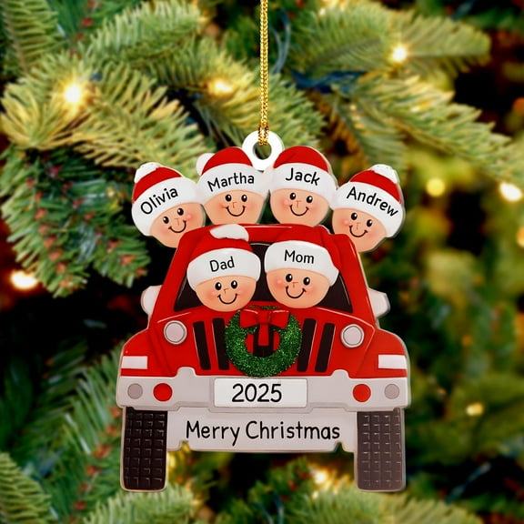 Personalized Family Christmas Ornament 2025 with Custom Names | Red Car Holiday Tree Gift for Families of 6 | Cute Xmas Keepsake
