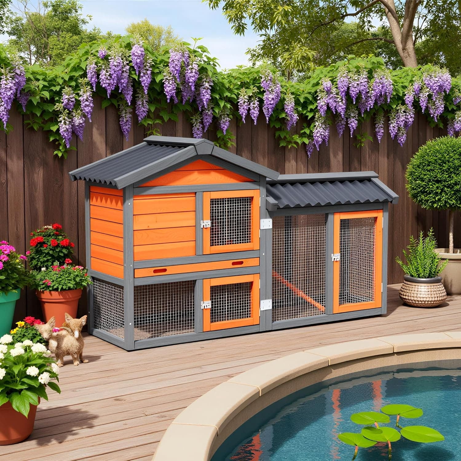 Chicken Coop with Run, 58" 2-Story Predator Proof Wooden Duck Hutch, Outdoor Rabbit Hen House