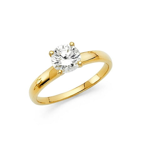 - 14K Solid Yellow Gold Round Brilliant Cut Solitaire Cubic Zirconia Engagement Wedding Ring , Size 4