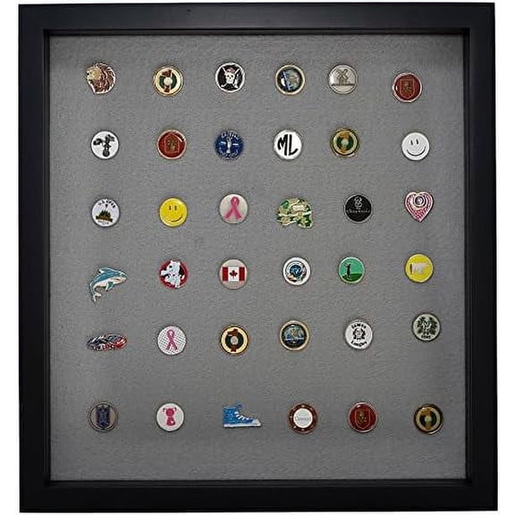 Eureka Golf Products Golf Ball Marker Display Case w/ Acrylic Cover | Holds 100 Pegged or Non Pegged (Flat) Ball Markers | Black Finish | Wall Mounted Wooden Case | Measures 15.5"W X 16.5"H