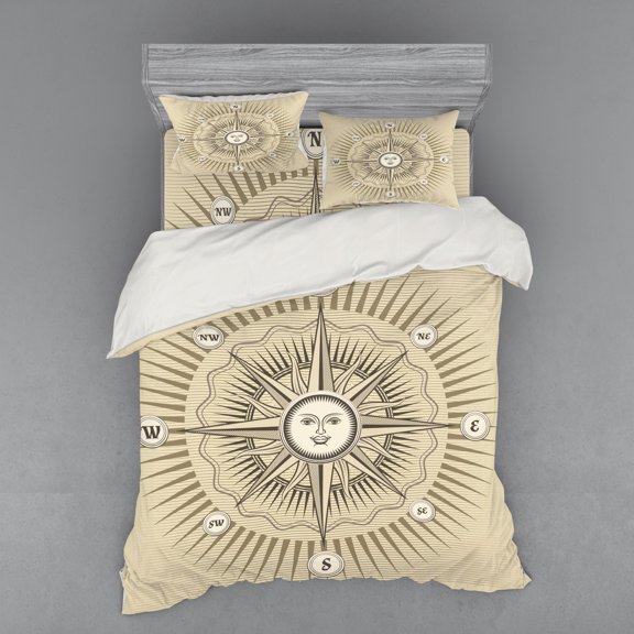 Ambesonne Compass Bedding Set 4 Pcs, Vintage Windrose, Queen, Beige and Dark Taupe