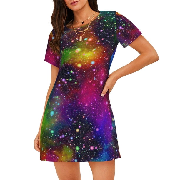 Balery Bright Universe Camisón de manga corta con cuello redondo para mujer, cómodo y elegante.