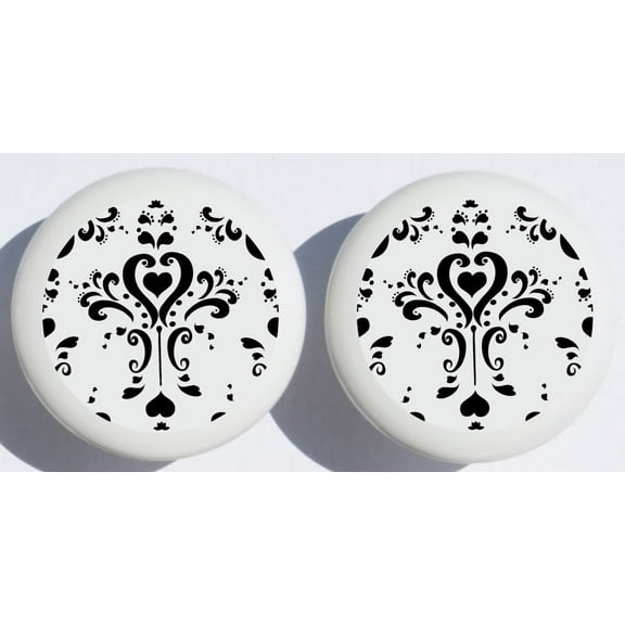 Two Black and White Damask Drawer Pull Knobs, Ceramic Dresser Cabinet Pulls, Black and White Nursery Decor (Set Of Two)